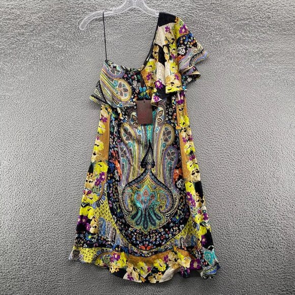 ETRO Yellow Paisley Floral One Shoulder Ruffle Silk Cocktail Dress